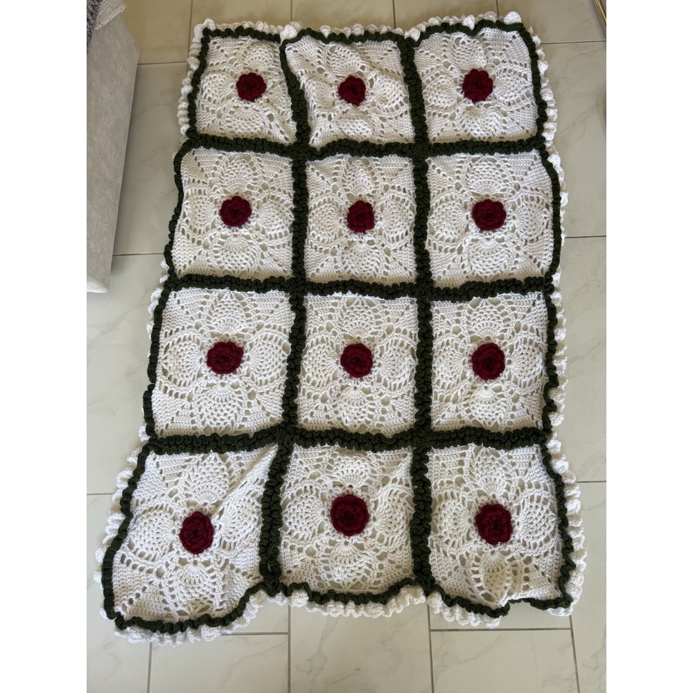 VTG Crocheted 3D Red Roses Afghan Throw Blanket Handmade 90"x62" Granny Square